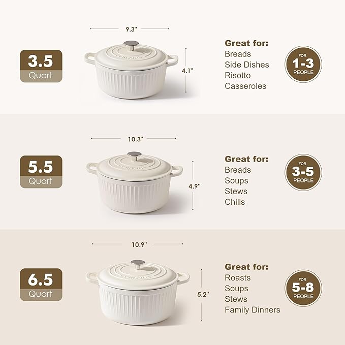 SENSARTE Enameled Cast Iron Dutch Oven Pot with Lid 3.5/5.5/6.5 Quart Heavy-Duty Round Dual Handles Kitchen Pot with Cotton Potholders & Silicone Trivet, Pot for Bread Baking, Stews, Braising, Roasting, Oven Safe, 6.5 Quart, White