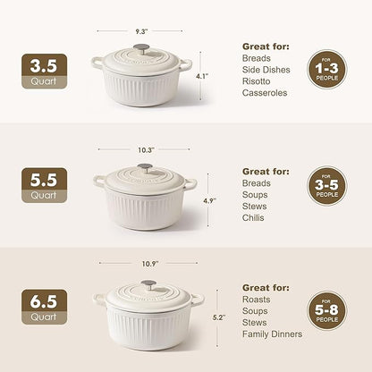 SENSARTE Enameled Cast Iron Dutch Oven Pot with Lid 3.5/5.5/6.5 Quart Heavy-Duty Round Dual Handles Kitchen Pot with Cotton Potholders & Silicone Trivet, Pot for Bread Baking, Stews, Braising, Roasting, Oven Safe, 3.5Quart, White