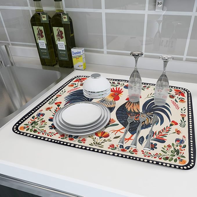 Rooster Poultry Dish Drying Mat for Kitchen Counter 18x24 Inch Microfiber Absorbent Colorful Printing Drying Pad - Image 6