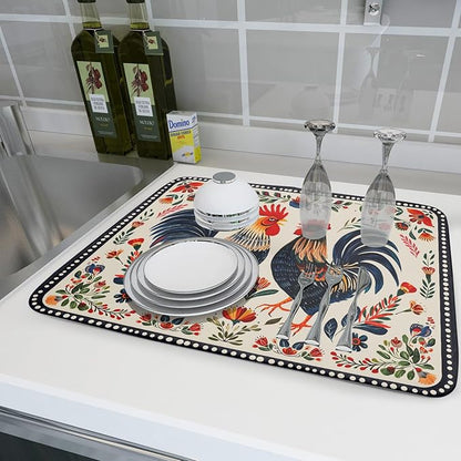 Rooster Poultry Dish Drying Mat for Kitchen Counter 18x24 Inch Microfiber Absorbent Colorful Printing Drying Pad - Image 6