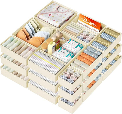 DIMJ Drawer Organizer Clothes, 26 Pack Dresser Organizer, Foldable Closet Organizers and Storage, Fabric Dresser Bins, Drawer Dividers for Nursery, Baby Clothes, Underwears, Sock (Beige) by DiMJ