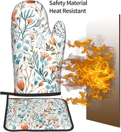 Teal Orange Watercolor Floral Oven Mitts and Pot Holders Sets of 3, Heat Resistant Non-Slip Washable, Chef Cooking Baking Gifts for Women Bakers, Burnt Orange Blue Green Flowers Charming Kitchen Decor - Image 7