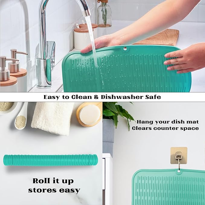 ZLR Large Silicone Dish Drying Mat (16" x 18") - XL Heavy Duty Drainboard Mat for Pots, Pans & Family Loads - Heat Resistant Trivet & Counter Protector, Easy Clean (Mint Green) - Image 4