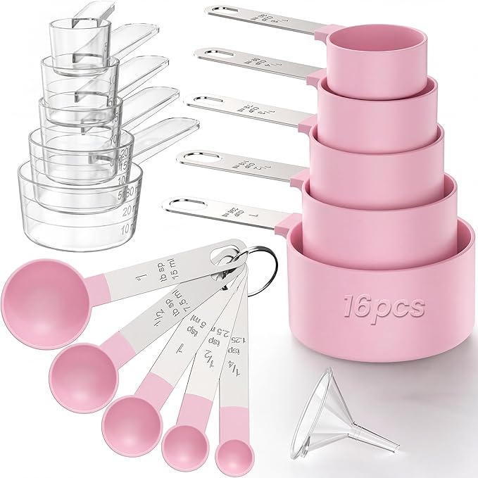 16PCS Measuring Cups and Spoons Set, Measuring Spoon Set with Metric and US Measurements, Fits for Measuring Dry and Liquid (Pink) by CreateHarmonyWithYourPet