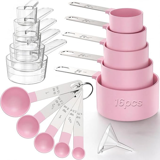 16PCS Measuring Cups and Spoons Set, Measuring Spoon Set with Metric and US Measurements, Fits for Measuring Dry and Liquid (Pink) by CreateHarmonyWithYourPet