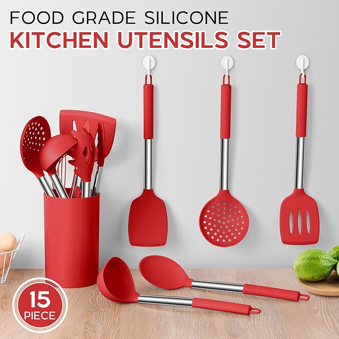 Onader 15 Pcs Silicone Cooking Utensils Set, Red Kitchen Utensils Spatula Set with Holder, Large Kitchen Gadgets Tools for Nonstick Cookware - Image 5