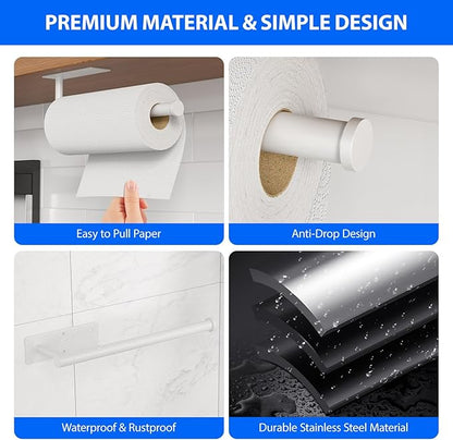 Paper Towel Holder Under Cabinet, Self-Adhesive,No Drilling, Stainless Steel, Wall-Mounted for Kitchen and Bathroom, Easy Install, Durable, Space-Saving, Ideal for Home, RV (White, 2 Pack) - Image 4