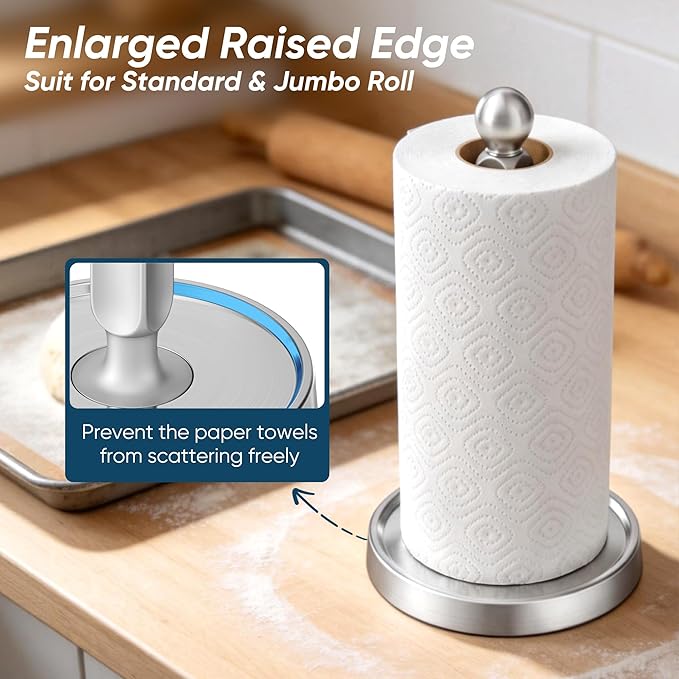 theaoo Paper Towel Holder Countertop, One-Handed Tear Paper Towel Stand Dispenser with Damping Function for Kitchen Bathroom, Stainless Steel Paper Towel Holder with Weighted Non-slip Base (1, Silver) - Image 4