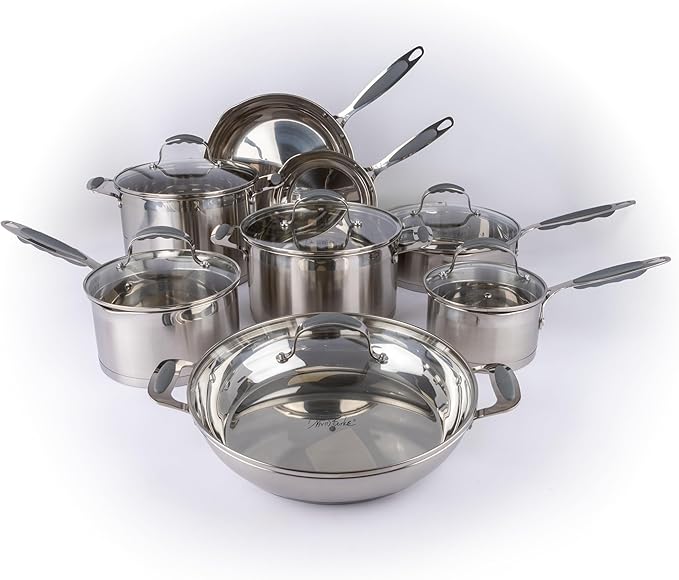 David Burke Gourmet Pro Stature Stainless Steel 4-Qt Sauce pot with Glass Straining Lid and Pour Spouts, EZ-Grip Riveted Handles for Durability and Control, Oven Safe - Brushed Gray