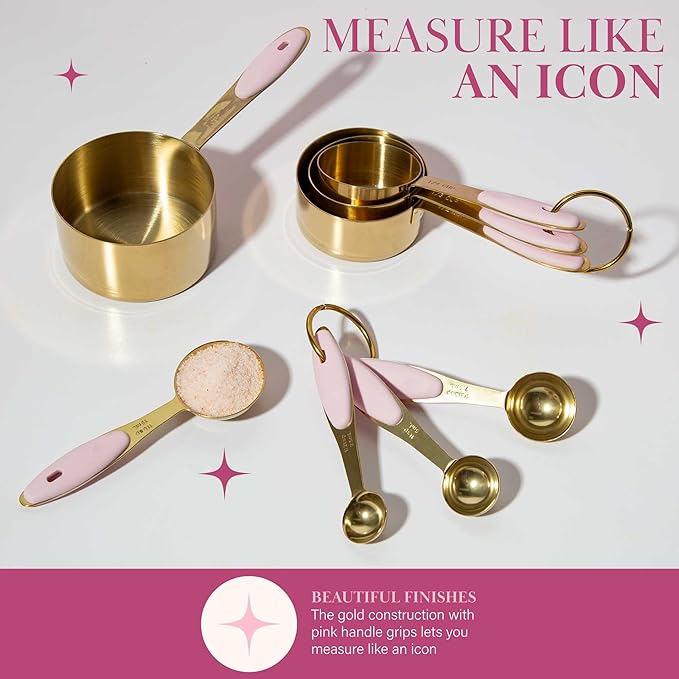 Paris Hilton Measuring Cups and Spoons Set, Stainless Steel with Pink Silicone Inset Handle, Dishwasher Safe, For Dry and Liquid Ingredients, 8-Piece Set, Gold and Pink - Image 4