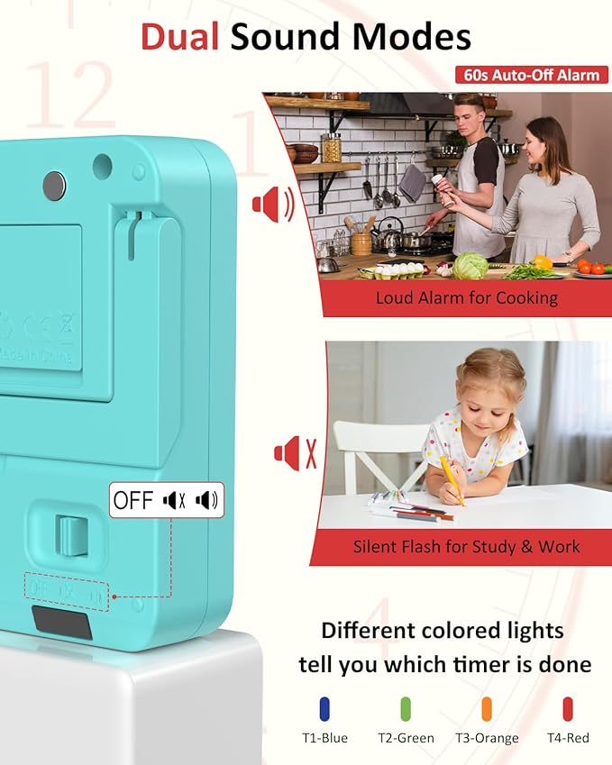Digital Kitchen Timer for Cooking - 4 Channel Count Up Countdown Timer with Loud Alarm and Silent Mode, Large Display, Magnetic Back, Auto Memory for Classroom Study Gym, Battery Included (Mint Green) - Image 5