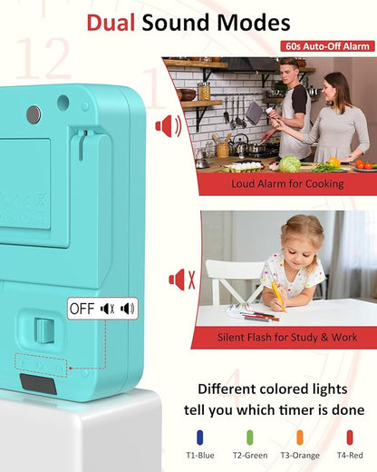 Digital Kitchen Timer for Cooking - 4 Channel Count Up Countdown Timer with Loud Alarm and Silent Mode, Large Display, Magnetic Back, Auto Memory for Classroom Study Gym, Battery Included (Mint Green) - Image 5