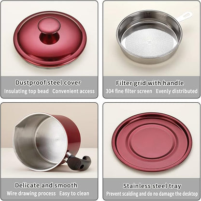 Kyraton Bacon Grease Container With Strainer, 48 oz Metal Shining Red Stainless Steel Oil Container, Pot Fat Storage With Lid, Easy Grip Handle Suitable For Storing Frying Oil And Cooking Grease
