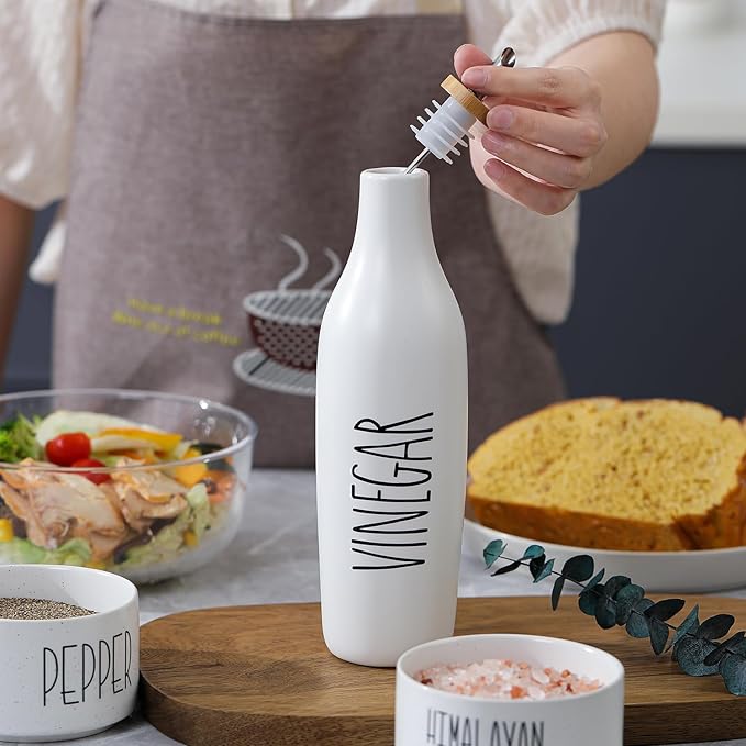 HOMCDALY Ceramic Olive Oil Dispenser for Kitchen, Stoneware 16oz Oil and Vinegar Bottles Dispenser, Kitchen Dispenser Bottle for EVOO Vinegar Syrups, Modern Farmhouse Design(W-V) - Image 3