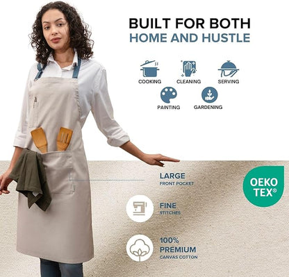 Cotton Canvas Apron for Women & Men – Adjustable Neck Strap & Waist Ties with Pockets