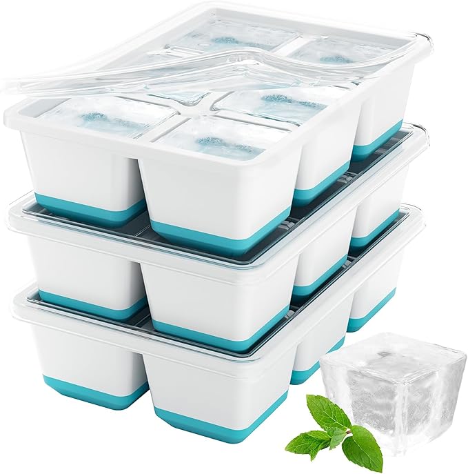 Optish Large Ice Cube Molds, 3 Pack Whiskey Square Ice Molds, 1.8 Inch Big Ice Cube Tray, Stackable Cocktail Ice Tray with Lid, Easy to Release (Blue) by Optish