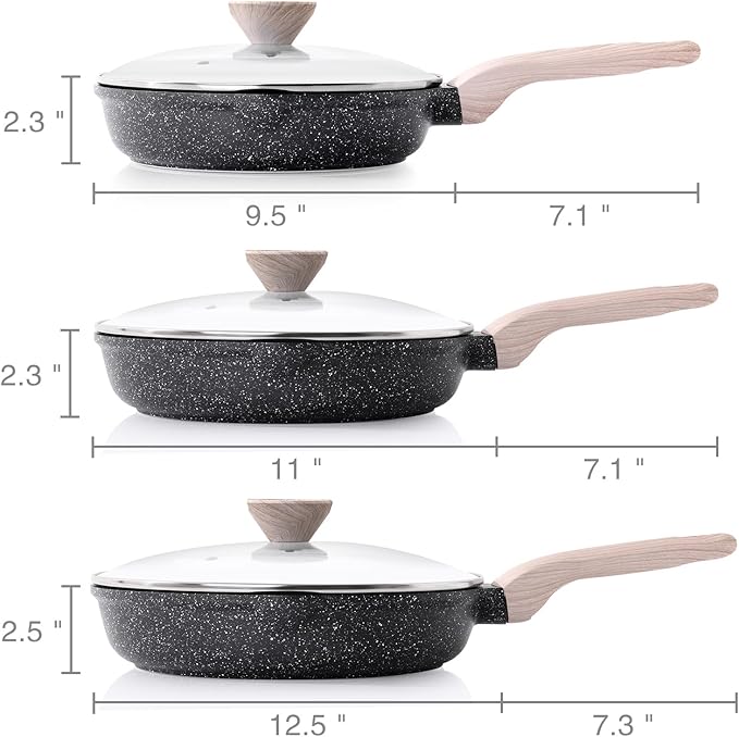 Kordisen Nonstick Frying Pan Set with Lids, 3 Piece Skillet Set, Healthy Induction Cookware Cooking Pan, Stay-Cool Handle, Compatible with All Stovetops, PFOA Free (9.5, 11, 12.5 Inch) - Image 6