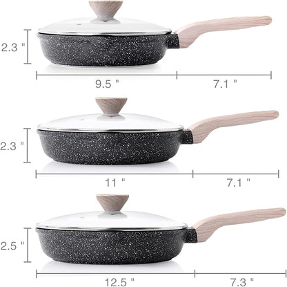 Kordisen Nonstick Frying Pan Set with Lids, 3 Piece Skillet Set, Healthy Induction Cookware Cooking Pan, Stay-Cool Handle, Compatible with All Stovetops, PFOA Free (9.5, 11, 12.5 Inch) - Image 6