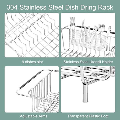 JAQ Over Sink Dish Drying Rack for Medium to Large Sink, Expandable 15.08"–22.4", Adjustable 304 Stainless Steel Dish Drainer with Utensil Holder, Large Capacity Holds Up to 13 Plates