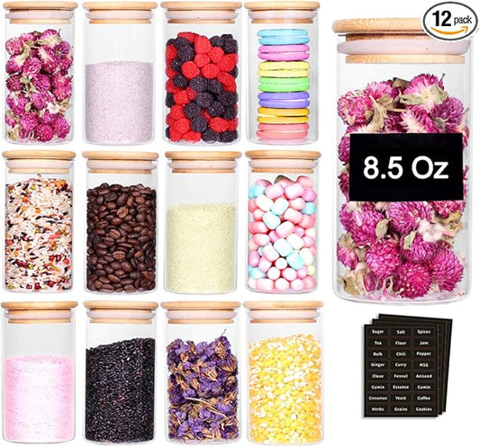 Tzerotone 12 Pcs Glass Spice Jars - 8.5oz Empty Small Glass Bottles with Bamboo Airtight Lids and Labels - Thicken Seasoning Spice Containers for Kitchen Organization and Storage… by Tzerotone