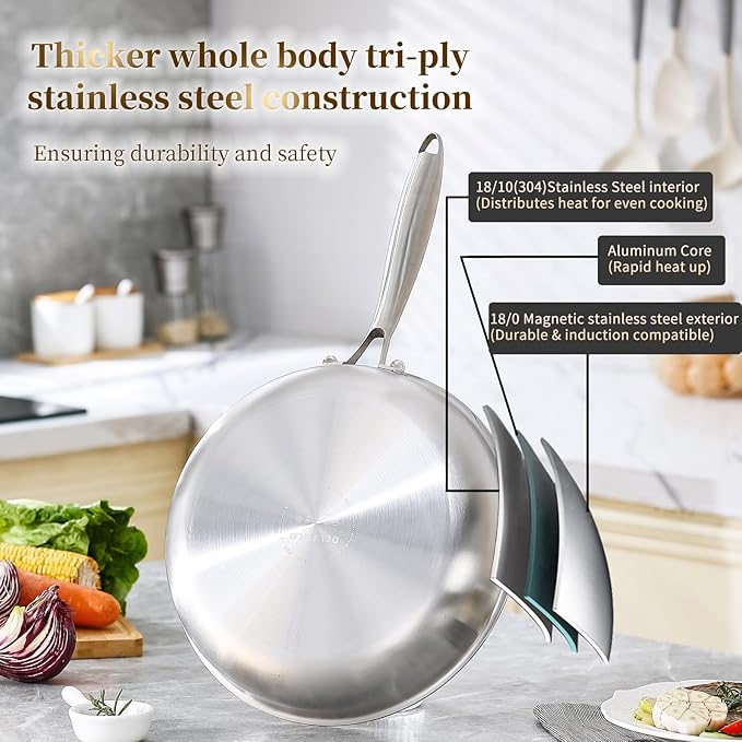 DELARLO Tri-Ply Stainless Steel Pan, 18/10 Frying Pan, Oven Safe Up to 600°F, Nontoxic Cookware, Compatible with All Cooktops Skillet, Durable, Fast Even Heat Fry Pan,9+11 inch Pan - Image 2