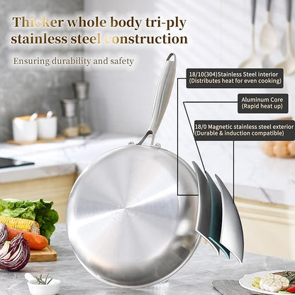 DELARLO Tri-Ply Stainless Steel Pan, 18/10 Frying Pan, Oven Safe Up to 600°F, Nontoxic Cookware, Compatible with All Cooktops Skillet, Durable, Fast Even Heat Fry Pan,Steel 10" and 12" with Lid - Image 2