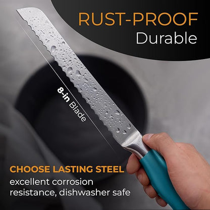Orblue Serrated Bread Knife Ultra-Sharp Stainless Steel Professional Grade Bread Cutter - Cuts Thick Loaves Effortlessly - (8-Inch Blade with 5-Inch Handle), Blue