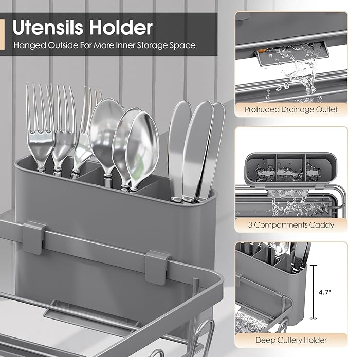 Urackify Dish Drying Rack for Kitchen Counter, Sink Dish Rack with Drainboard 12.2" W x 16.5" L, Large Dish Drainer with Cutlery Holder, Home Countertop Plate Dryer Storage Rack, Gray - Image 5