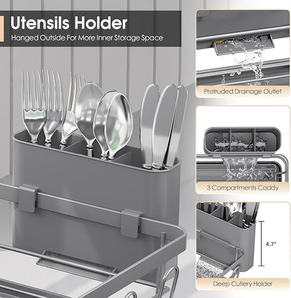 Urackify Dish Drying Rack for Kitchen Counter, Sink Dish Rack with Drainboard 12.2" W x 16.5" L, Large Dish Drainer with Cutlery Holder, Home Countertop Plate Dryer Storage Rack, Gray - Image 5