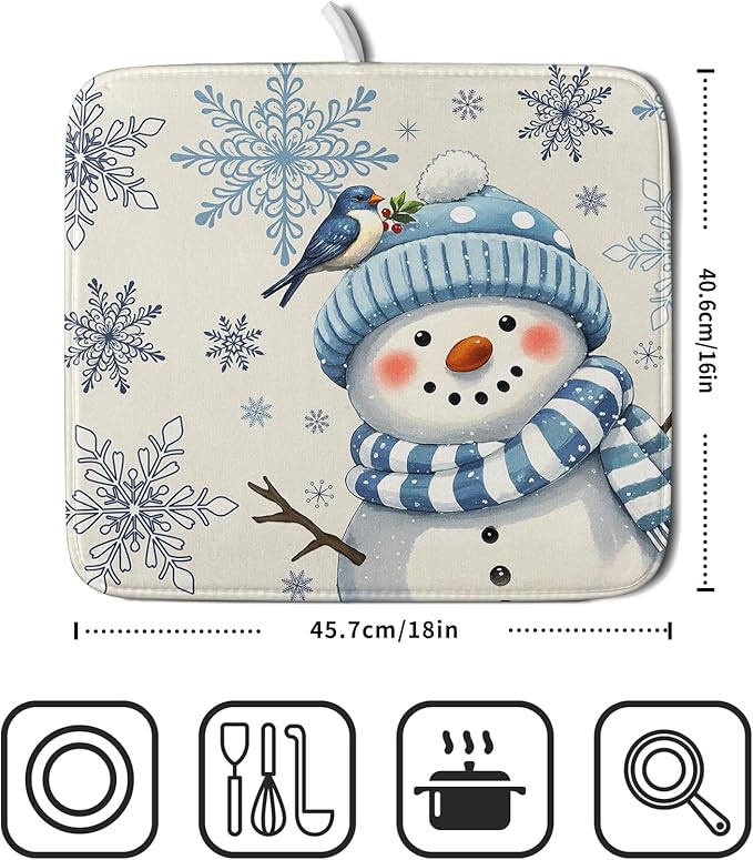 Winter Snowman Dish Drying Mat for Kitchen Counter 16x18 Blue Snowflake Bird Christmas Holiday Absorbent Reversible Microfiber Drying Mats Kitchen Countertop Protector Dishes Drainer Rack Pad - Image 2
