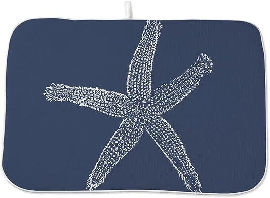 Coastal Beach Dish Drying Mat 18 x 24 inch, Summer Navy Blue Starfish Decorative Drying Mats Microfiber Absorbent Dish Washable Draining Mat for Kitchen Counter Decor