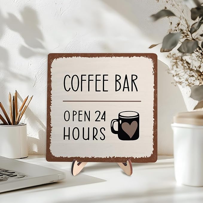 Coffee Bar Sign Plaque Decor,Coffee Bar Accessories,Rustic Wooden Tabletop Plaque with Stand, Minimalist Farmhouse Kitchen Counter Sign,Cute Mini Café Bar Decor Gift 5.9x5.9Inch - Image 3