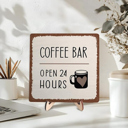 Coffee Bar Sign Plaque Decor,Coffee Bar Accessories,Rustic Wooden Tabletop Plaque with Stand, Minimalist Farmhouse Kitchen Counter Sign,Cute Mini Café Bar Decor Gift 5.9x5.9Inch - Image 3