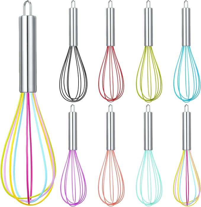 Domensi 8 Pcs 8 Inch Whisks Bulk for Cooking Silicone Whisks Non Scratch Stainless Steel Hand Coated Metal Heat Resistant Egg Beaters for Classroom Cook Party Favor Gift Supplies by Domensi