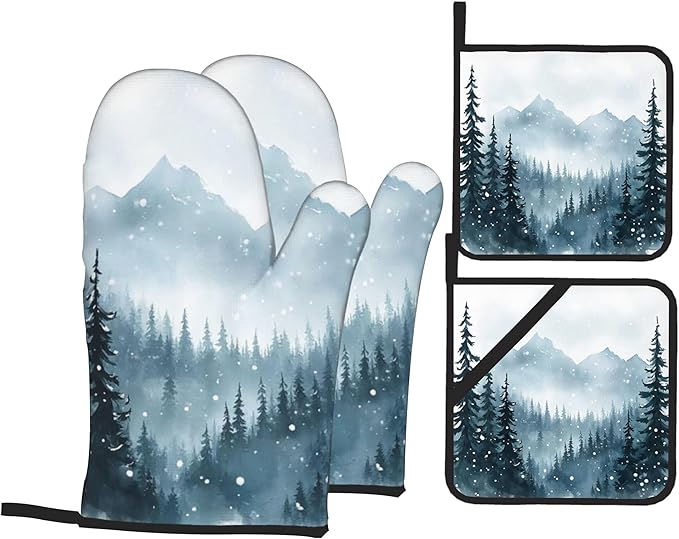 Winter Forest Oven Mitts and Heat Resistant Pads - Heat Resistant Gloves Potholder Set of 4 for Cooking, BBQ, Gifts for Women