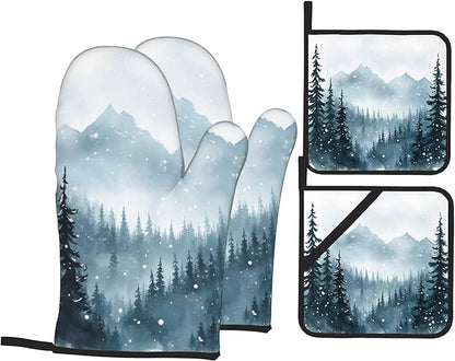 Winter Forest Oven Mitts and Heat Resistant Pads - Heat Resistant Gloves Potholder Set of 4 for Cooking, BBQ, Gifts for Women