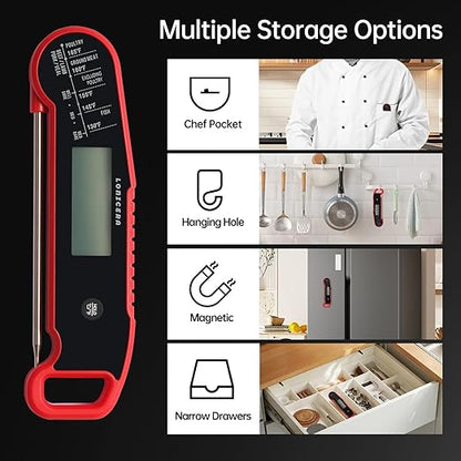 Lonicera Digital Meat Thermometer for Food Cooking. Instant Read Within 1 Sec and ±0.9℉Accuracy with Thermocouple Sensor. IP67 Waterproof, Auto-Rotating Display, Auto Wake up (Red)