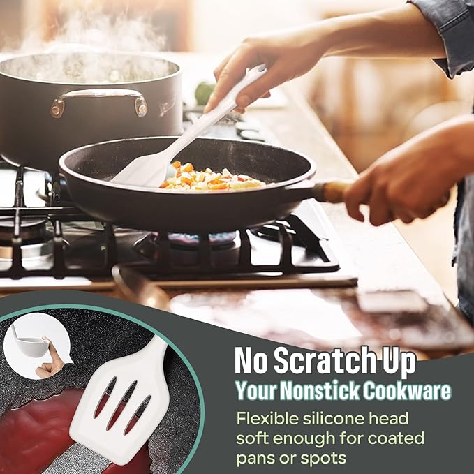 E-far Silicone Cooking Utensils Set, 7-Piece White Heat Resistant Kitchen Utensils Set, Kitchen Nonstick Tools Spatula Ladle Spoon Pasta Server for Non-stick Cookware, Non-Toxic & Dishwasher safe - Image 4
