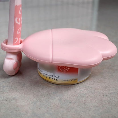 ScivoKaval Cat Food Can Lid Cover - Paw Shape Universal Pink Can Opener Set With One Lid and One Spoon