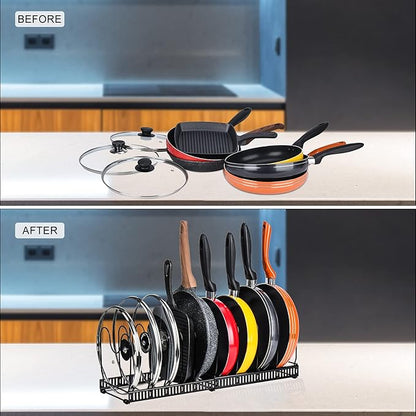 Toplife Pots and Pans Organizer Rack for Cabinet and Countertop, 10+ Pot Lids, Bakeware and Cookware Holder with 10 Adjustable Compartments - Black - Image 3