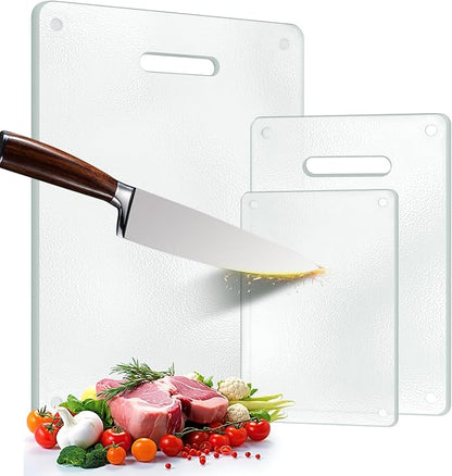3 Pack Glass Cutting Boards for Kitchen Counter, Clear Tempered Glass Cutting Board Set with Handle (16"x12" & 12"x8" & 9"x6"), Scratch Resistant, Dishwasher Safe, Non-toxic, Easy to Clean