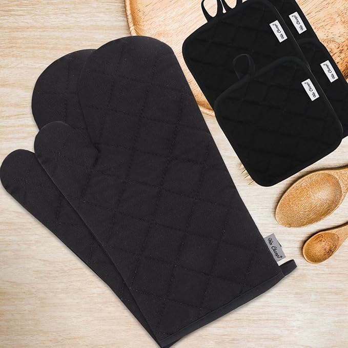 Oven Mitts and Pot Holders Sets,6 Pcs Oven Mitts and Potholders with Recycled Cotton High Heat Resistant Extra Thick Long Oven Mitts for Cooking(Black) - Image 2
