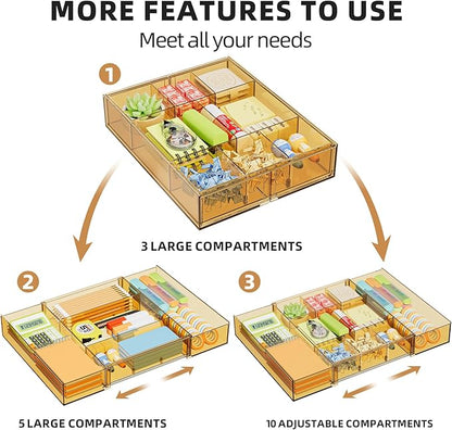 Marbrasse Expandable Desk Drawer Organizer, Clear Plastic Drawer Organizer Tray with 10 Adjustable Compartments, Desk Organizers and Accessories, 5 Drawer Dividers for Office Supplies(Clear Champagne) - Image 4