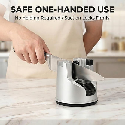 Knife Sharpener for Kitchen Knives, 3-Stage Suction Cup Sharpening Tool for Straight and Serrated Blades, Scissors Sharpener with Auto-Adjust Angle, Safe One-Handed Chef Knife Accessories