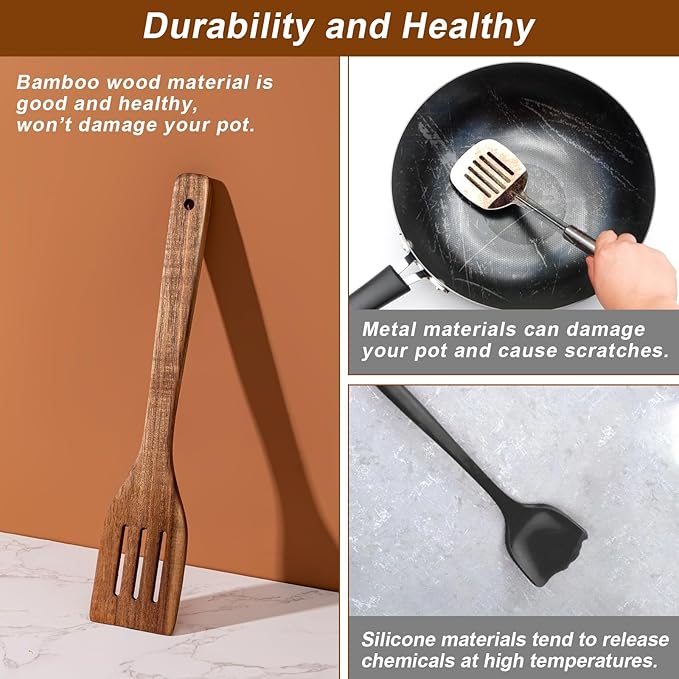 Eisinly Wooden Spoons for Cooking 7-Piece, Kitchen Nonstick Wood Cooking Utensils Set, Durability Wooden Spatula Spoon for Everyday Use, Brown - Image 6