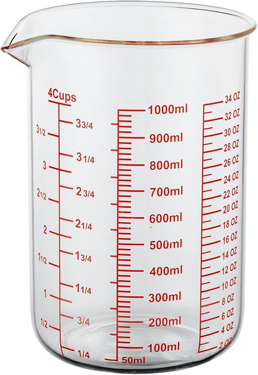 High Borosilicate Glass Measuring Cup-V-Shaped Spout，Glass Measuring Beaker for Kitchen or Restaurant, Easy to Read, 1000 ML (32 Oz, 4Cup) by AckersBORO33