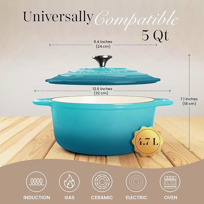 Cast Iron Dutch Oven with Lid – Non-Stick Ovenproof Enamelled Casserole Pot – Sturdy Dutch Oven Cookware – Teal, 5-Quart, 24cm – by Nuovva - Image 2