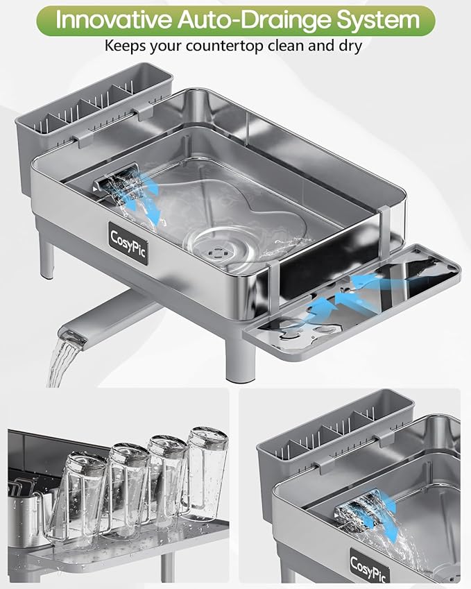 Dish Racks, Thicker Premium 304 Stainless Steel Dish Drying Rack for Kitchen Counter, Automatic Drainage Spout, Dish Drainer & Drainboard Set with Utensil Holder and Cup Holder, Grey - Image 4