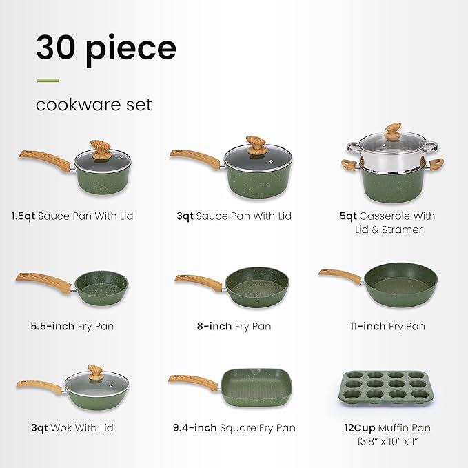 DishDelight Green Pots and Pans Set Non Stick, 30 Piece Induction Kitchen Cookware Sets for Cooking, Non Toxic Granite Pot and Pans Set, PFOA&PFOA Free - Image 7
