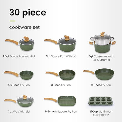 DishDelight Green Pots and Pans Set Non Stick, 30 Piece Induction Kitchen Cookware Sets for Cooking, Non Toxic Granite Pot and Pans Set, PFOA&PFOA Free - Image 7